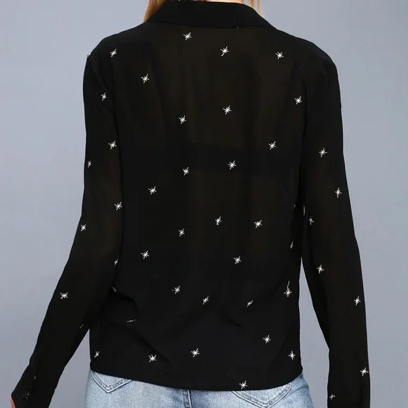Lulu's Black Button Down Shirt with White Star Accents - Picture 3 of 8